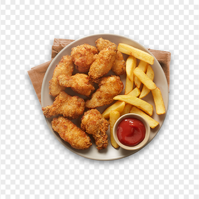 Plate Of Nuggets, French Fries And Ketchup Top View
