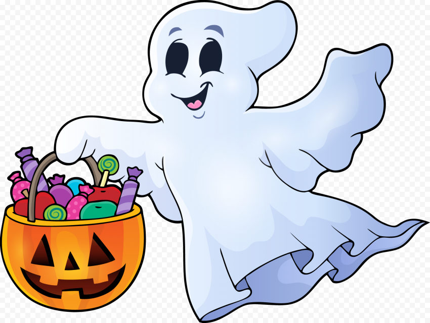 PNG Cartoon Cute Halloween Ghost Holding Pumpkin Candy