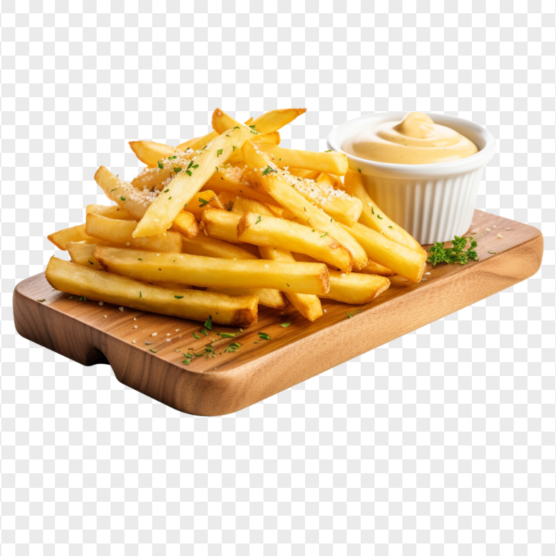 Potato Fries With Mayo Sauce on Wooden Plate HD PNG