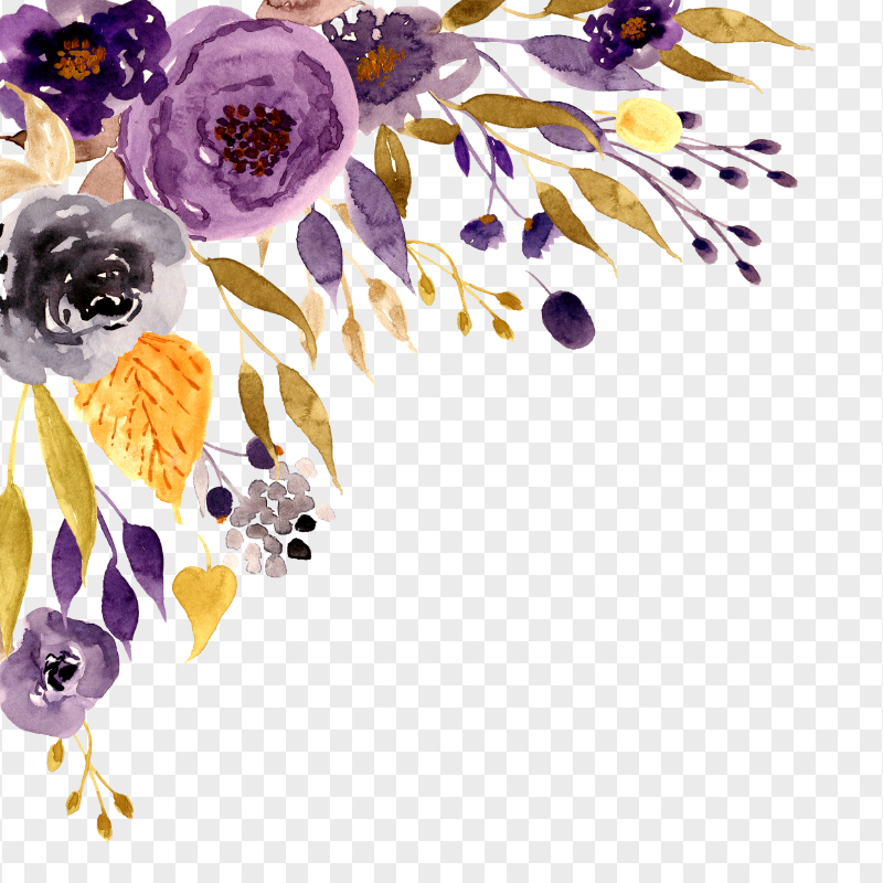 Purple, Yellow And Gray Watercolor Corner Flowers