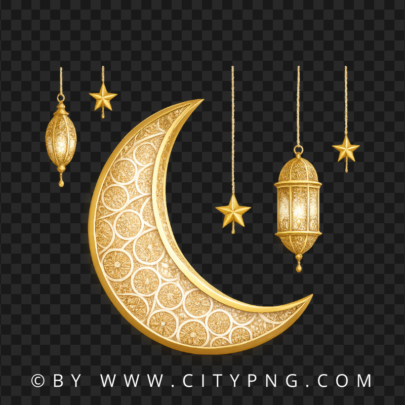 Golden Crescent with Stars and Lantern Ramadan Decoration