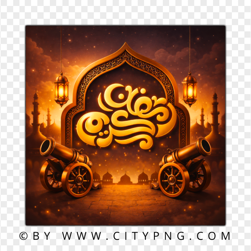 Gold Ramadan Kareem Scene with Cannons and Lanterns