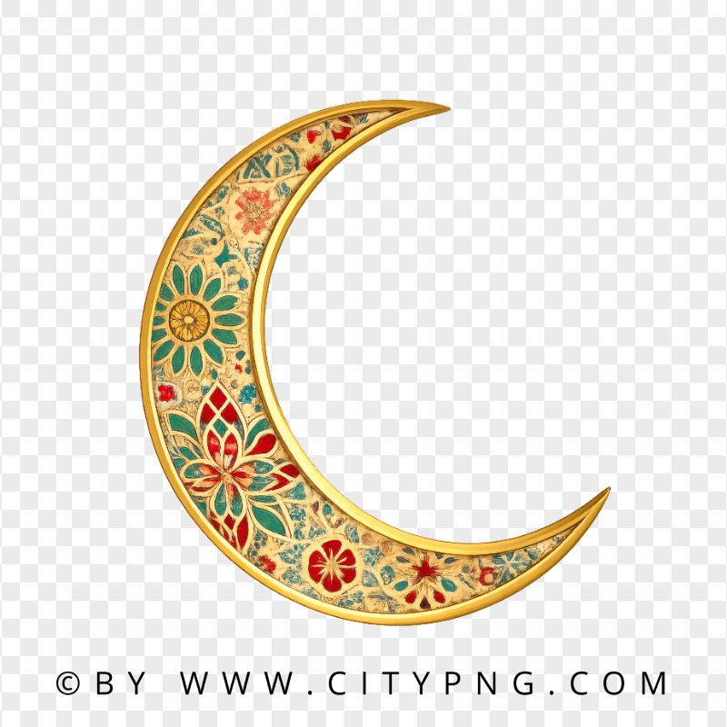 Decorative Gold Crescent Moon with Colorful Arabesque Design