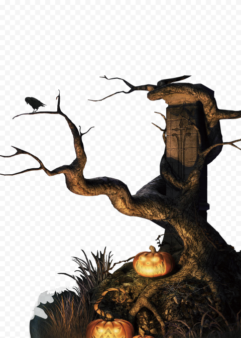 Real Halloween Tree Branch Pumpkins & Crow PNG IMG