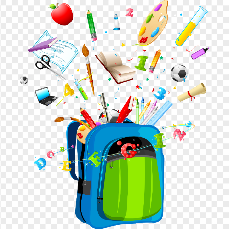 School Backpack Bag With Supplies Illustration PNG