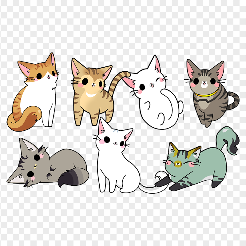 Set of Adorable Kawaii Kitten HD Transparent Background