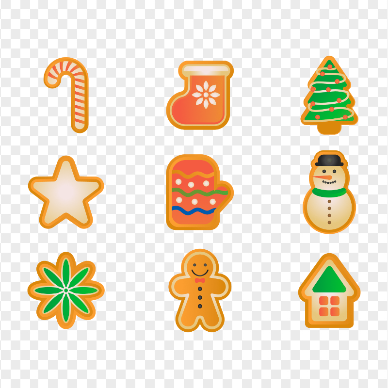 Set Of Cartoon Gingerbread Christmas Icons PNG
