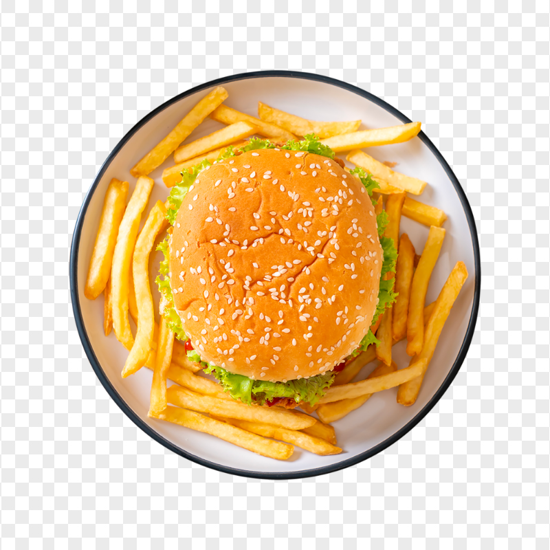 Top View Burger With Fries  On Plate HD PNG