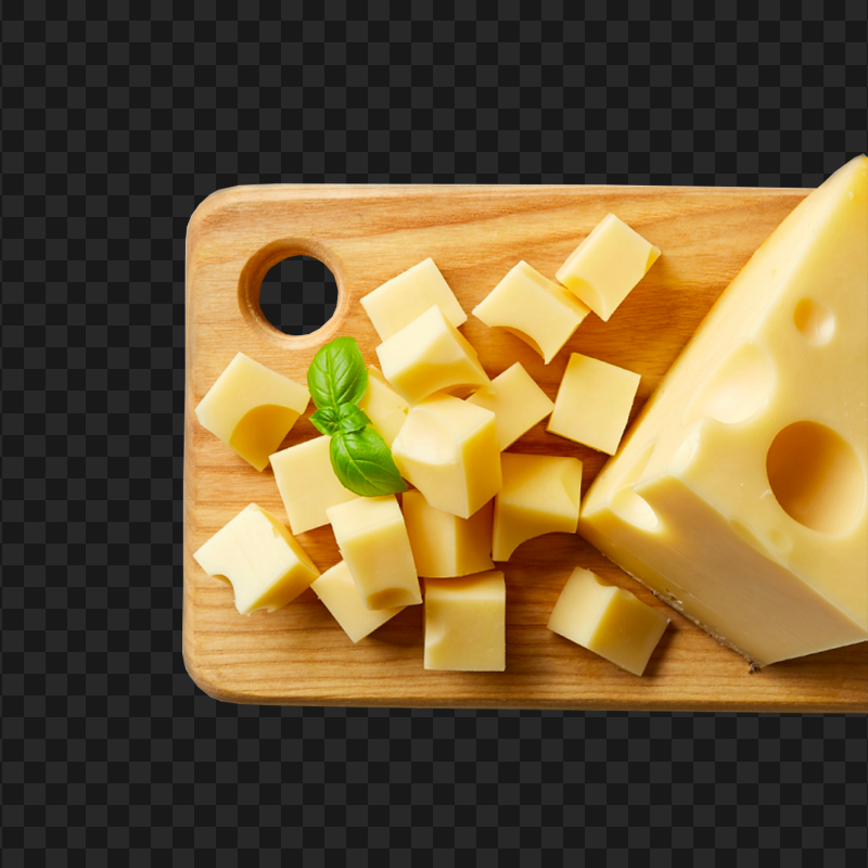 Top View Cheese Cubes Wooden Board PNG
