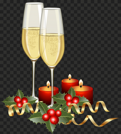 Two Champagne Glasses, Candles & Christmas Decoration