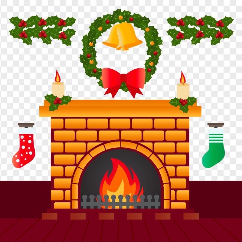 Vector Clipart Decorated Christmas Fireplace PNG