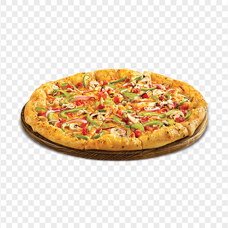 Veggie Pizza Served on a Rustic Wooden Plate Image PNG