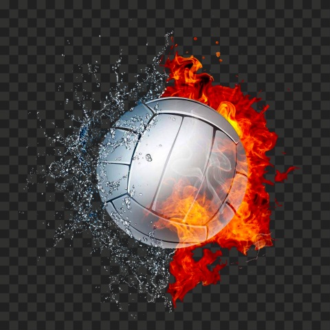 White Volleyball Surrounded By Fire And Water PNG