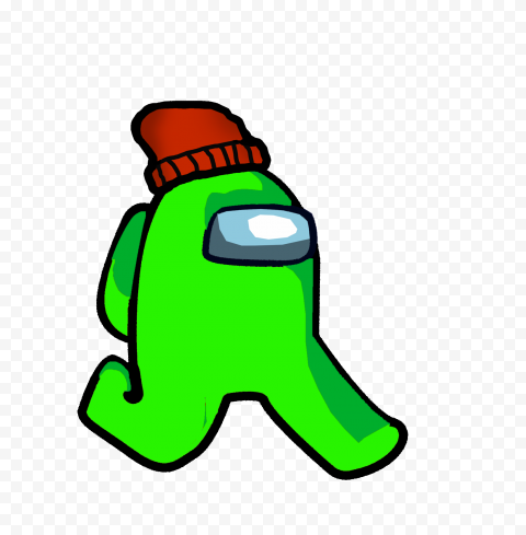 HD Green Lime Among Us Character Walking With Red Beanie Hat PNG.